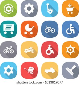 flat vector icon set - around gear vector, gyroscooter, add to cart, delivery, baby stroller, bike, disability, motorcycle, invalid, handwheel, wheelbarrow, pickup, scraper