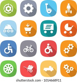 flat vector icon set - around gear vector, gyroscooter, hoverboard, lunar rover, add to cart, delivery, baby stroller, disability, bike, invalid, gears, wheel, wheelbarrow, pickup