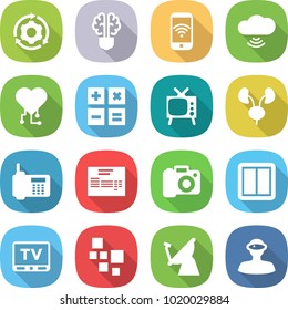 flat vector icon set - around gear vector, bulb brain, phone wireless, cloud, cardio chip, calculator, tv, kidneys, invoice, camera, power switch, blocks, satellite antenna, vr helmet