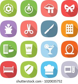 flat vector icon set - around gear vector, rocket, factory filter, bow, flower, scissors, scalpel, building, hotel, uv cream, cocktail, mirror, crib, shield, cook hat, microwave oven