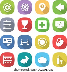 flat vector icon set - around gear vector, atom, dollar pin, left arrow, equalizer, wineglass, medical cross, monitor pulse, location details, vip fence, orbit, beans, watering, rabbit, tomato, wine