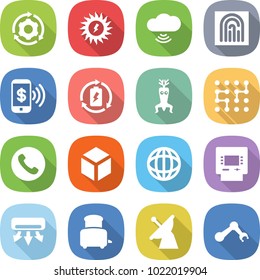flat vector icon set - around gear vector, sun power, cloud wireless, fingerprint, phone pay, battery charge, dna modify, chip, 3d, globe, atm, air conditioning, toaster, satellite antenna