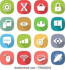 flat vector icon set - around gear vector, dna, basket, lock, scales weight, eye, building helmet, important flag, sms, sorting, pan, connect, wireless mouse, sponge with foam, bug