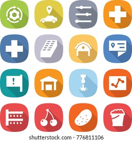 flat vector icon set - around gear vector, car pointer, equalizer, medical cross, brick, barn, location details, important flag, warehouse, laser, analytics, watering, cherry, potato, foam bucket