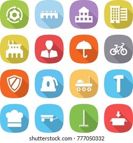 flat vector icon set - around gear vector, bridge, cottage, houses, factory, client, dry cargo, bike, shield, kettle, lunar rover, hammer, cook hat, trailer, rake, package