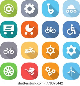 flat vector icon set - around gear vector, gyroscooter, lunar rover, delivery, baby stroller, bike, disability, motorcycle, handwheel, wheel, wheelbarrow, gears, windmill