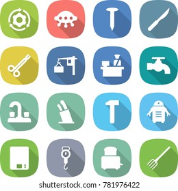 flat vector icon set - around gear vector, ufo, nail, scalpel, surgical clamp, loading, customs control, water tap, stands for knives, hammer, robot, kitchen scales, handle, toaster, fork