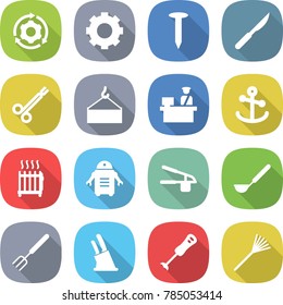 flat vector icon set - around gear vector, nail, scalpel, surgical clamp, loading crane, customs control, anchor, radiator, robot, garlic clasp, ladle, big fork, knife holder, blender, rake