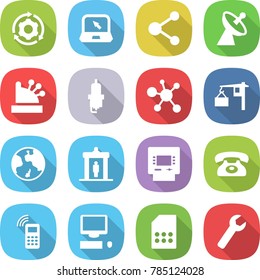 flat vector icon set - around gear vector, notebook, molecule, satellite antenna, cashbox, spark plug, virus, loading, earth, detector, atm, phone, mobile, computer, sim card, wrench