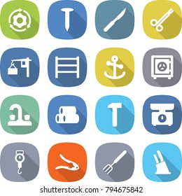 flat vector icon set - around gear vector, nail, scalpel, surgical clamp, loading, rack, anchor, safe, water tap, pipes, hammer, kitchen scales, handle, walnut crack, big fork, knife holder