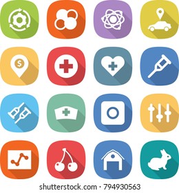 flat vector icon set - around gear vector, atom core, car pointer, dollar pin, medical cross, heart, crutch, hat, ring button, setup, analytics, cherry, barn, rabbit