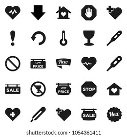 Flat vector icon set - arrow down vector, heart pulse, prohibition sign, no alcohol, cross, attention, glass, thermometer, undo, stop, sale signboard, low price, love home, new