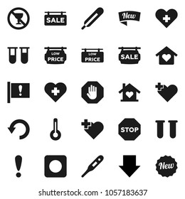 Flat vector icon set - arrow down vector, no alcohol sign, heart cross, attention, rec button, thermometer, vial, undo, stop, sale signboard, low price, love home, new