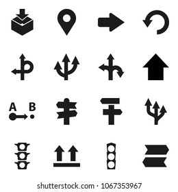 Flat vector icon set - arrow up vector, route, signpost, traffic light, top sign, package, undo, pin