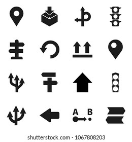 Flat vector icon set - arrow up vector, route, signpost, traffic light, top sign, package, undo, pin