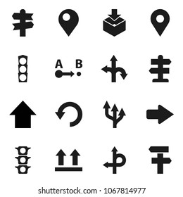 Flat vector icon set - arrow up vector, route, signpost, traffic light, top sign, package, undo, pin