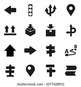 Flat vector icon set - arrow up vector, route, signpost, traffic light, top sign, package, pin