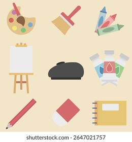 Flat vector icon set of art subject tools including paint palette, brush, crayon, easel, beret, paint tubes, pencil, eraser, and sketchbook. Perfect for education and design.