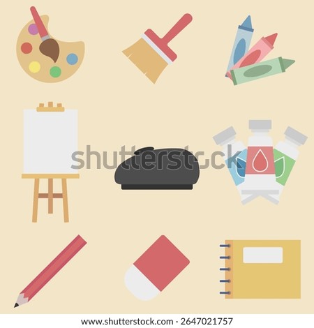 Flat vector icon set of art subject tools including paint palette, brush, crayon, easel, beret, paint tubes, pencil, eraser, and sketchbook. Perfect for education and design.