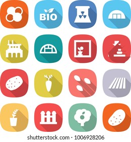 flat vector icon set - atom core vector, bio, nuclear power, hangare, factory, greenhouse, flower in window, press, potato, carrot, seeds, field, seedling, grain elevator, garden
