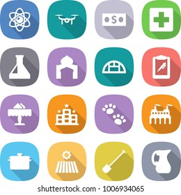 flat vector icon set - atom vector, drone, money, medical cross, flask, minaret, greenhouse, clipboard pen, restaurant, hotel, pets, factory, pan, field, shovel, jug