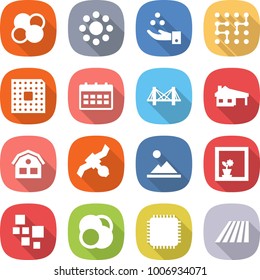 flat vector icon set - atom core vector, round around, chemical industry, chip, cpu, calendar, bridge, house with garage, satellite, landscape, flower in window, blocks, field
