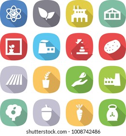 flat vector icon set - atom vector, leafs, factory, greenhouse, flower in window, press, potato, field, seedling, hand leaf, garden, acorn, carrot, fertilizer