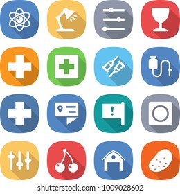 flat vector icon set - atom vector, table lamp, equalizer, wineglass, medical cross, crutch, dropper, location details, important flag, ring button, setup, cherry, barn, potato