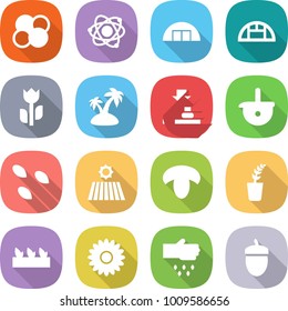 flat vector icon set - atom core vector, hangare, greenhouse, perishable, island, press, ladle, seeds, field, mushroom, seedling, flower, sow, acorn