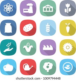 flat vector icon set - atom vector, factory, greenhouse, perishable, flour, potato, spike, carrot, harvest, corn, seedling, flower, tomato, watering can, garden, ecology