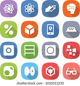 flat vector icon set - atom vector, up down arrow, virtual mask, percent, 3d, mobile location, taxi, ring button, rack, blocks, core, coil, glasses