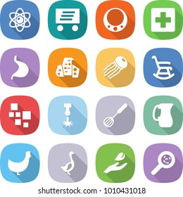 flat vector icon set - atom vector, delivery, necklace, medical cross, stomach, modern architecture, jellyfish, rocking chair, blocks, laser, whisk, jug, chicken, goose, hand leaf, viruses