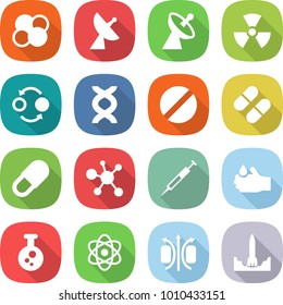 flat vector icon set - atom core vector, satellite antenna, nuclear, quantum bond, dna, pill, virus, syringe, acid, chemical, magnetic field, rocket start