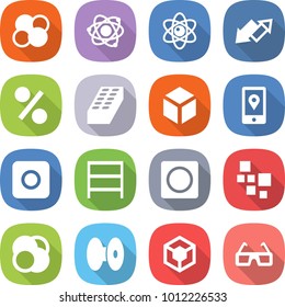 flat vector icon set - atom core vector, up down arrow, percent, brick, 3d, mobile location, ring button, rack, blocks, coil, glasses