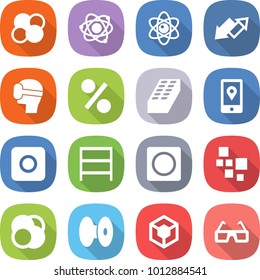 flat vector icon set - atom core vector, up down arrow, virtual mask, percent, brick, mobile location, ring button, rack, blocks, coil, 3d, glasses