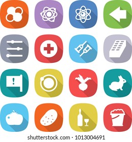 flat vector icon set - atom core vector, left arrow, equalizer, medical cross, crutch, brick, important flag, orbit, beet, rabbit, tomato, potato, wine, foam bucket