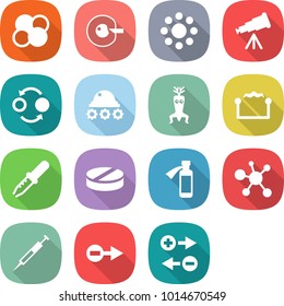 flat vector icon set - atom core vector, cell corection, round around, telescope, quantum bond, lunar rover, dna modify, electrostatic, pipette, pill, potion bottle, virus, syringe, electron