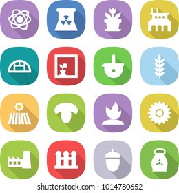 flat vector icon set - atom vector, nuclear power, flower, factory, greenhouse, in window, ladle, spike, field, mushroom, sprouting, grain elevator, acorn, fertilizer