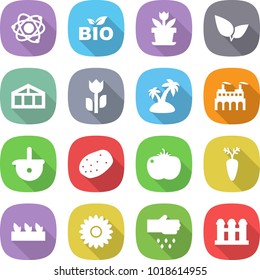 flat vector icon set - atom vector, bio, flower, leafs, greenhouse, perishable, island, factory, ladle, potato, tomato, carrot, seedling, sow, grain elevator