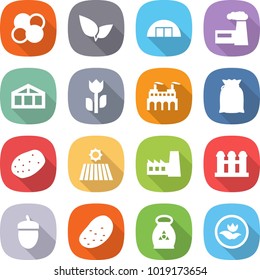flat vector icon set - atom core vector, leafs, hangare, factory, greenhouse, perishable, flour, potato, field, grain elevator, acorn, fertilizer, ecology