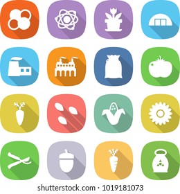 flat vector icon set - atom core vector, flower, hangare, factory, flour, tomato, carrot, seeds, corn, pruner, acorn, fertilizer