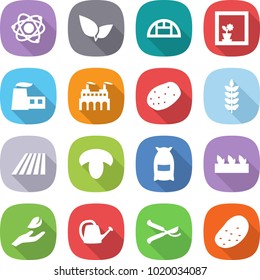 flat vector icon set - atom vector, leafs, greenhouse, flower in window, factory, potato, spike, field, mushroom, flour, seedling, hand leaf, watering can, pruner
