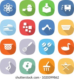 flat vector icon set - atom vector, port, package, fast deliver, slippers, blocks, robot hand, colander, whisk, coffee seeds, goose, garden, vacuum cleaner, iron board