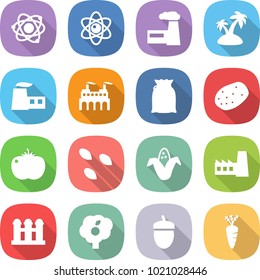 flat vector icon set - atom vector, factory, island, flour, potato, tomato, seeds, corn, grain elevator, garden, acorn, carrot