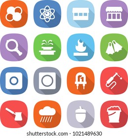 flat vector icon set - atom core vector, market, magnifier, fountain, flammable, flippers, ring button, led, welding, turk, rain cloud, acorn, foam bucket