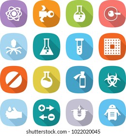 flat vector icon set - atom vector, satellite, round flask, cell corection, virus, vial, cpu, pill, potion bottle, biohazard, acid, charge particle, electric magnet, robot
