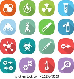 flat vector icon set - atom core vector, rocket, nuclear, vial, lunar rover, dna modify, pipette, potion bottle, virus, biohazard, syringe, electron, charge particle, edit, thermometer, viruses