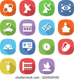 flat vector icon set - atom core vector, satellite antenna, eye identity, electric car, market, crutch, hospital recieption, dome house, location details, solar power, beans, carrot, watering