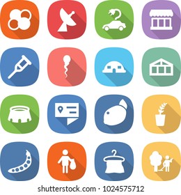 flat vector icon set - atom core vector, satellite antenna, electric car, market, crutch, sperm, dome house, greenhouse, stadium, location details, lemon, seedling, peas, trash, hanger