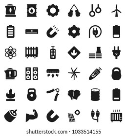 Flat vector icon set - atom vector, magnet, weight, hand trainer, muscule, boxing glove, gymnast rings, flammable, oil barrel, remote control, battery, rca, gear, solar panel, windmill, factory
